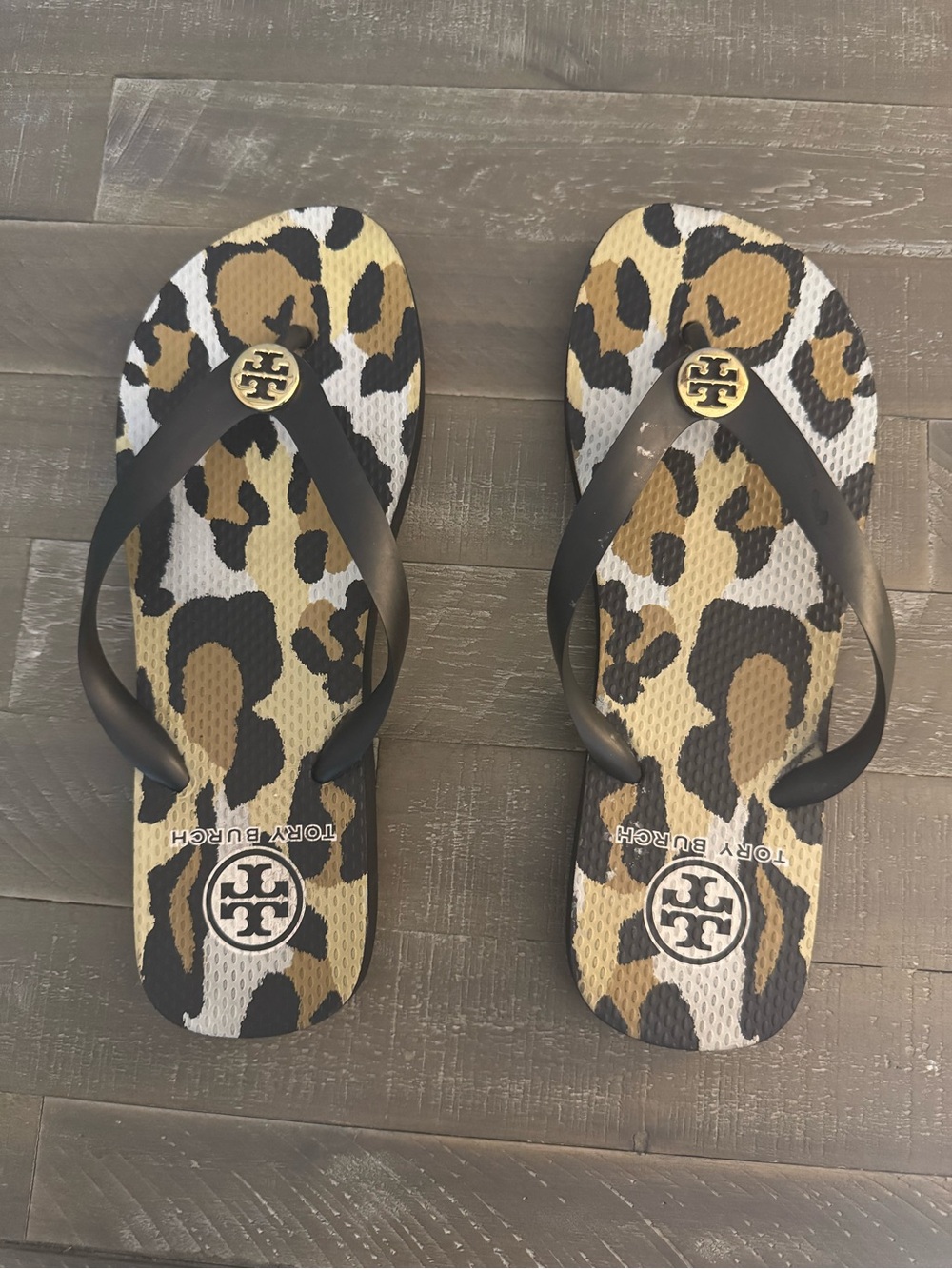 Tory Burch Leopard Print Flip Flops with Black Straps and Gold Logo